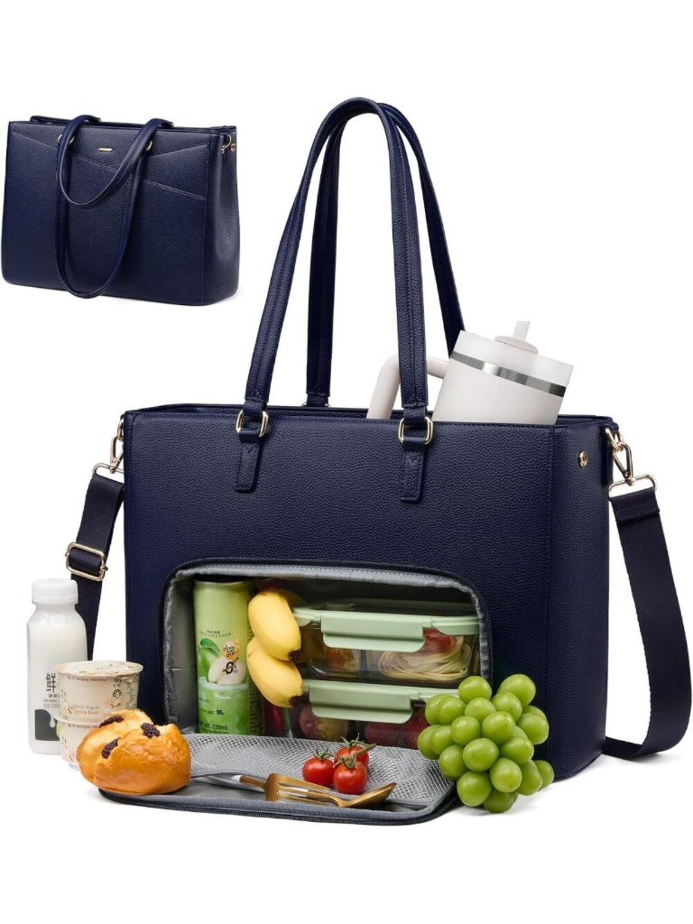 Stylish Insulated Lunch Tote Bag for Women - 3-in-1 Work & Laptop Bag, Navy Blue